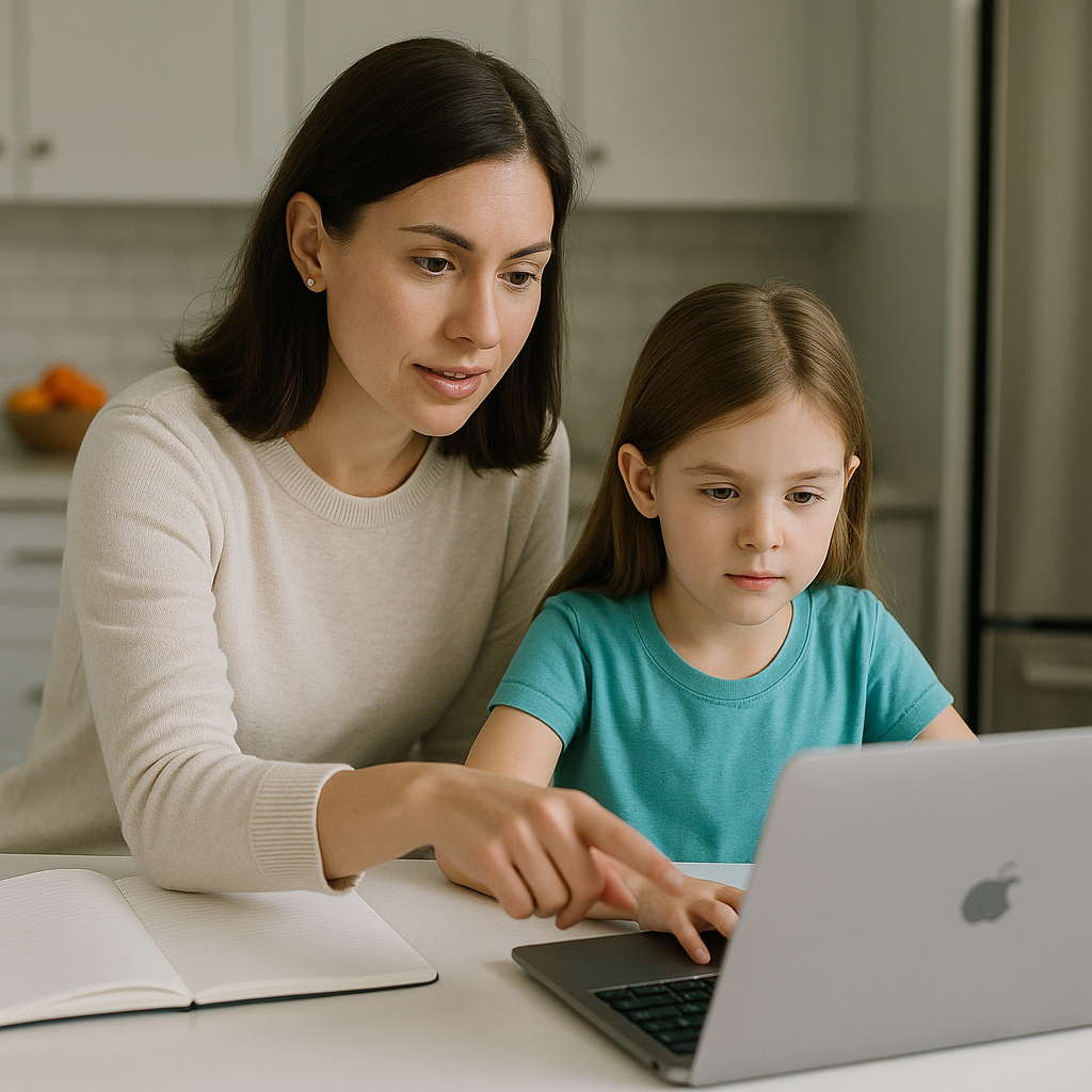 Parent and child learning about root-cause functional medicine approaches for autism at home on a laptop.