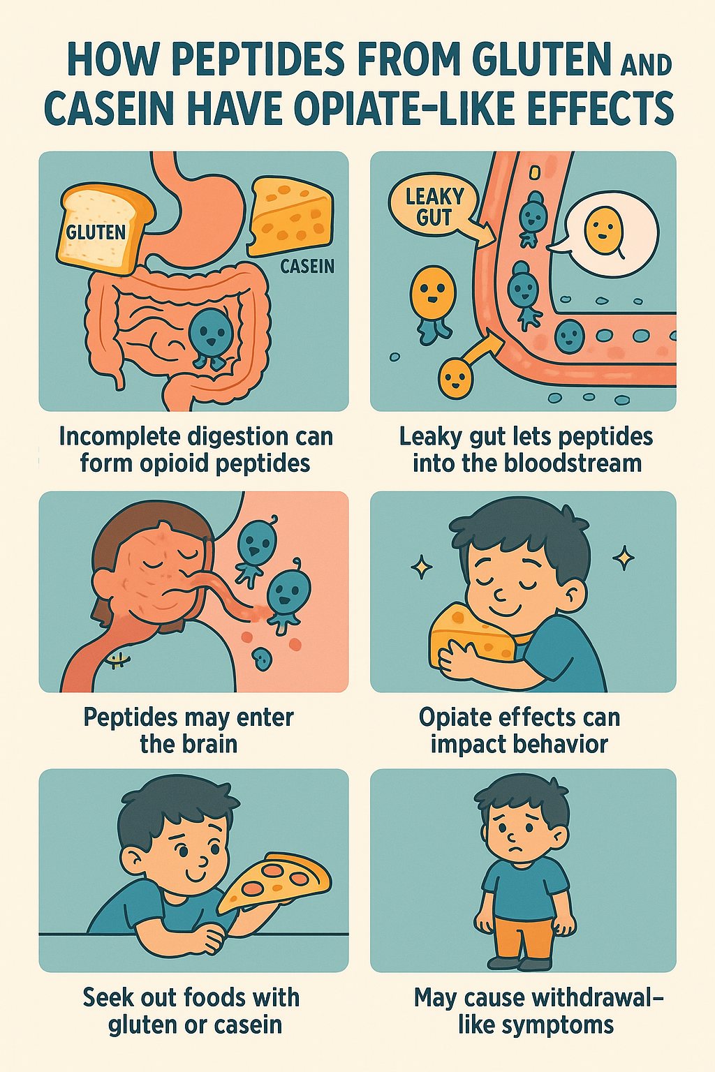 Infographic showing how gluten and dairy peptides act like opioids in the body and affect behavior and gut health.